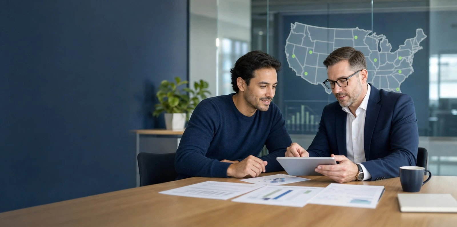 Business owner and financial advisor reviewing company performance and growth data